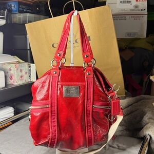 COACH Poppy Bright Red Metallic Patent Leather Satchel